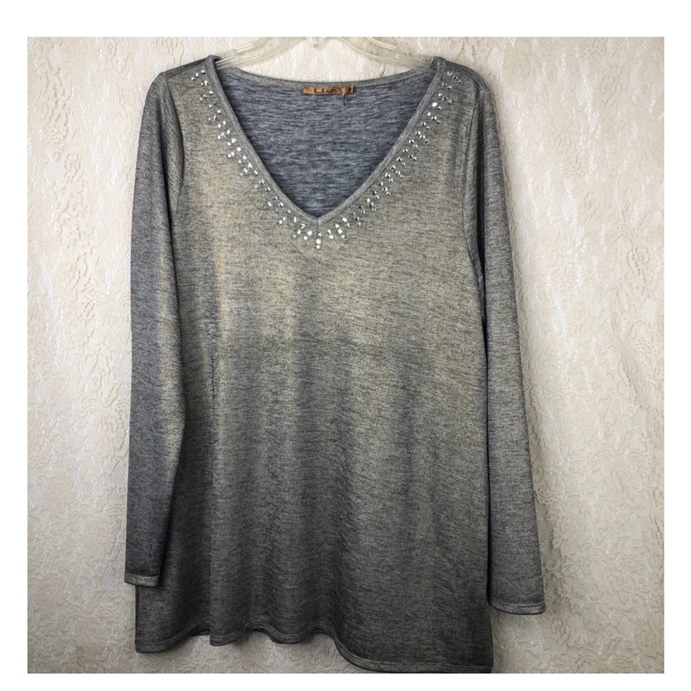 Belldini Embellished Top Metallic Gray Flowy V Neck Rhinestones XL Evening Party